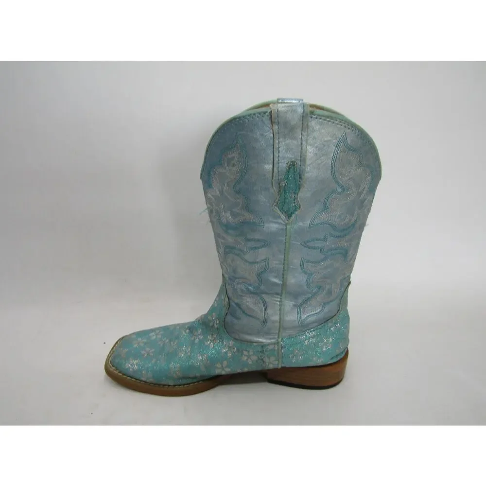 Roper Brand Little Kid Youth Sz 3 Metallic Turquoise Floral Glitter Cowboy Boot